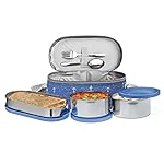 MILTON Corporate Lunch Box Stainless Steel Tiffin (2 Round Container 280 ml Each and 1 Pc Oval Container 500 ml) with Bag, Leak Proof & Airtight Containers with Spoons, Blue - MSDeals