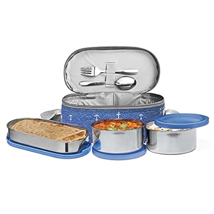 MILTON Corporate Lunch Box Stainless Steel Tiffin (2 Round Container 280 ml Each and 1 Pc Oval Container 500 ml) with Bag, Leak Proof & Airtight Containers with Spoons, Blue - MSDeals