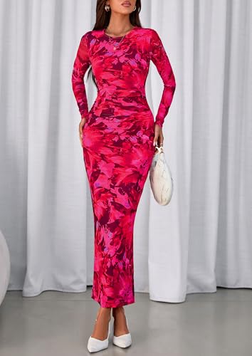 PRETTYGARDEN Fall Wedding Guest Dresses for Women 2025 Long Sleeve Ruched Sexy Bodycon Floral Mesh Cocktail Party Maxi Dress