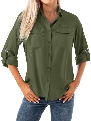 Women's Quick Dry Sun UV Protection Convertible Long Sleeve Shirts for Hiking Camping Fishing Sailing (5026 Army green S)