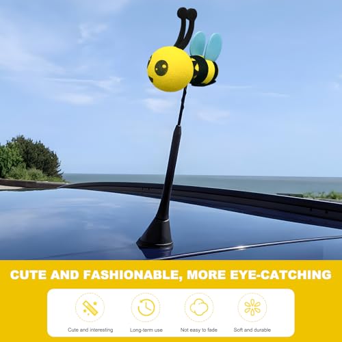 Rdxcv Bee Car Antenna Topper, Happy Bee EVA Foam Automotive Antenna Ball, Cute Bumble Bee Aerial Ball Toppers Exterior Decoration for Most Vehicles, Universal Car Accessories (Blue, Big Eyes)
