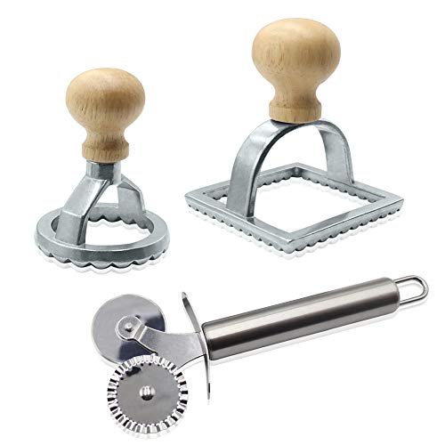 Mezhixin Ravioli Maker Cutter Stamp with Pasta Cutter Set, Aluminum Dough Pasta Molds Stamps Maker with Beechwood Handle and Fluted Edge, Round & Square Shape, Pasta Press For Quick, Safe cutting