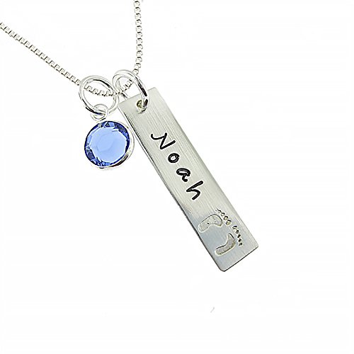 My Tiny Prints Personalized Sterling Silver Name Necklace. Customize with Child's Name, Engraved with Solid Baby Feet. Add Your Choice of Birthstone and Sterling Silver Chain. Gifts for Her, New Mom