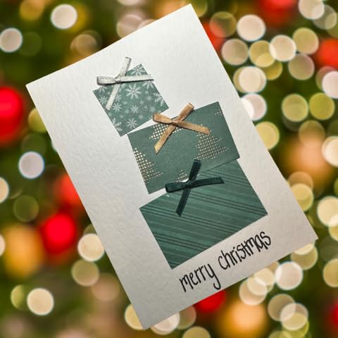 Luxury Handmade Christmas Cards with Green Festive Design, Traditional Holiday Greeting Cards with Metallic Bow Detail Includes Envelope (Pack of 10 Cards)