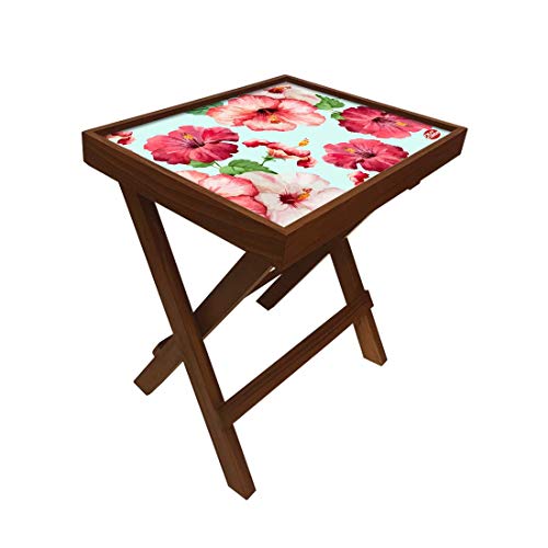 Image of Nutcase Designer Teak Wood Side Table Folding Wooden Bedside Coffee Outdoor Picnic Table - Hibiscus Floral