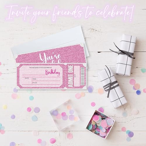 WPBRU Birthday Invitations, 20 Pcs Double Sided Fill In Pink Style VIP Tickets Invites With Envelopes For Girls Teens Birthday, Party Favors And Supplies(3 X 8 In)- A03