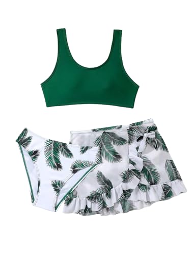Image of WDIRARA Girl's 3 Pieces Tropical Print Bikini Swimsuit Bathing Suit with Ruffle Hem Beach Skirt Green 12 Years