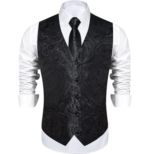 DiBanGu Mens Paisley Vest Tie Set with Lapel Pin Tie Clip 7PCS Silk V-Neck Suit Waistcoat and Necktie for Tuxedo Wedding, Black, 3X-Large3