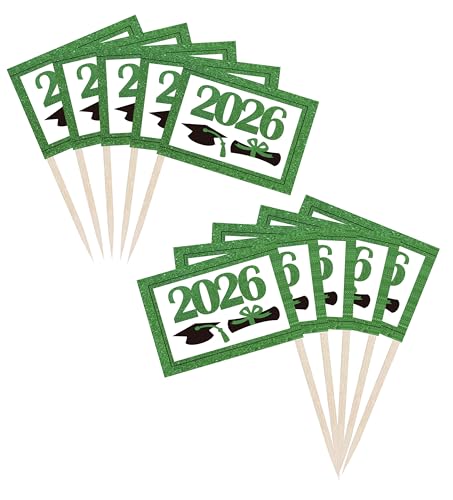 ZXvZYT 2026 Graduation Cupcake Toppers Small Mini 2026 Graduation Cap Toothpick Stick Flags - Diploma Grad Theme Party Cake Cocktail Fruit Decoration(Green 100 Pcs)
