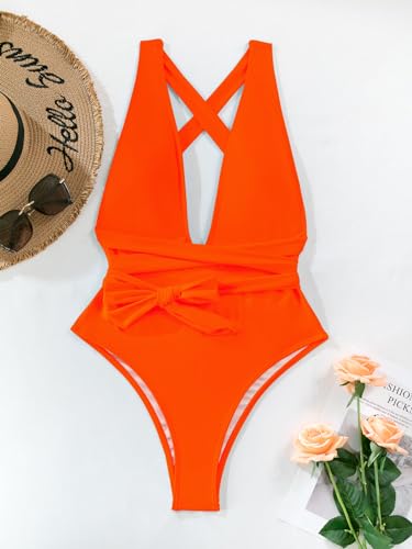Image of Lilosy Sexy Tie Criss Cross Plunge One Piece Thong Swimsuit High Cut Brazilian Bathing Suit