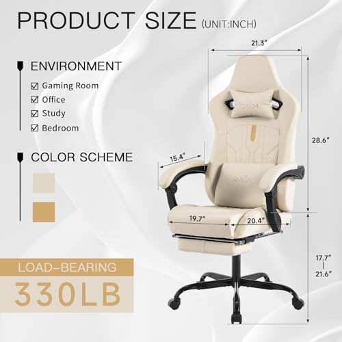Image of Gaming Chair with Footrest Ergonomic Computer Chair Massage Lumbar Cushion, Racing Video Game Chair Adjustable Rocker Recliner Executive Office Desk Chair Pu Leather for Adults, Beige