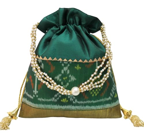 Milan's Creation Pure Single Ikkat/Rajkoti Patoda Silk Potli Bag Purse Beautiful Pearl Handle Tassels Women’s Handbag Royal Wedding Festival