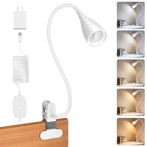 Reading Light for Book in Bed Clip on Light Reading Lamp with Adapter 5 Color Modes 10 Brightness 360 Flexible Eye-Caring Clip on Desk Lamp Book Light for Reading in Bed Headboard Bedside Bedroom