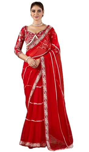 Image of Pandadi Saree Women's Net Embroidery Work Saree With Unstitched Blouse Piece