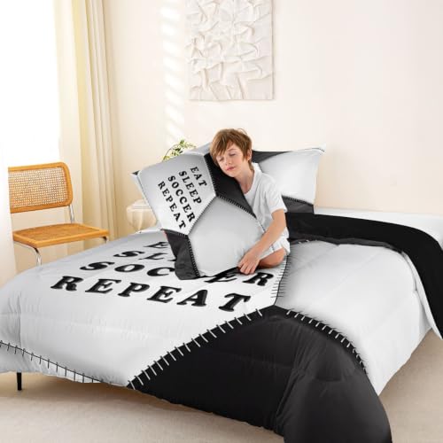 Image of Feelyou Soccer Comforter Set Queen Size Football Bedding Set for Kids Boys Girls Eat Sleep Sports Theme Duvet Quilt Bedroom Decor Microfiber 3 Pcs with 2 Pillow Cases