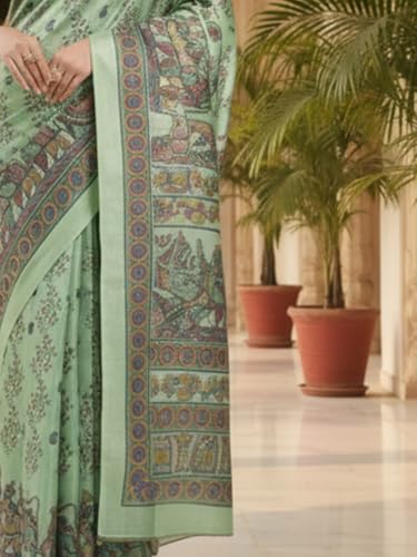 Image of AKHILAM Women's Sea Green Tussar Silk Madhubani Printed Saree With Unstitched Blouse Piece (FF0MDB8405B AI)