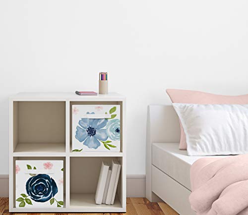 Image of Sweet Jojo Designs Navy Blue and Pink Watercolor Floral Foldable Fabric Storage Cube Bins Boxes Organizer Toys Kids Baby Childrens - Set of 2 - Blush, Green and White Shabby Chic Rose Flower