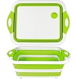 Tabla de Cortar Cocina Plegable 37×27 cm – Tabla 3 en 1: Escurridor y Cuenco de Lavado con Tapón de Drenaje – Tabla Multifuncional de HDPP para Cocina, Camping y Picnic – Verde/Blanco