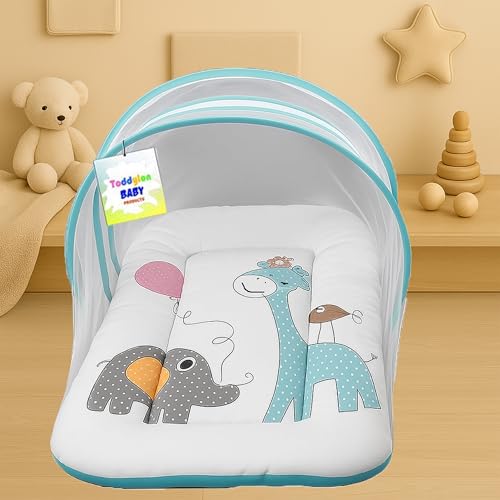 Image of Toddylon Baby Bedding Set New Born Baby Bed | Bed | Mattress | Mosquito Net | Insect Protector | Infants Carry Bed | Gadda Set (0-6 Months, Blue)