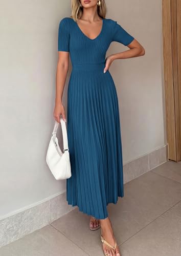 Image of PRETTYGARDEN Women's 2026 Spring Midi Sweater Dresses Elegant Pleated Ribbed Knit Short Sleeve V Neck A Line Summer Outfits