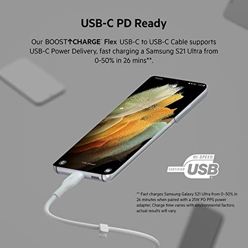 Image of Belkin BoostCharge Flex Silicone USB-C to USB-C Charging Cable (3M /10FT) for iPhone 16, iPhone 16 Pro, Galaxy S25, S24, Pixel 9 & 8, Nintendo Switch 2 & More with Cable Clip - White