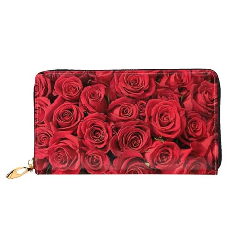 Portefeuille en cuir rose rouge avec porte-cartes et fermeture éclair pour femme