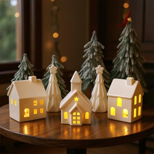 Hebaogugu Christmas Village House, 2025 White Xmas Decorations with Ceramic Christmas House & Trees, Electronic Tabletop Ornaments with LED Light for Table Decor
