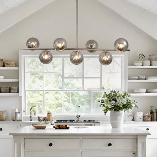 Image of KCO Lighting MCM Brushed Nickel Linear Sputnik Chandeliers for Dining Room | 31.5 inch Rod for Sloped Ceiling, 7W 3000K E26 Bulb Included, Smoke Gray Glass Globe Pendant Light for Kitchen Island Living Room