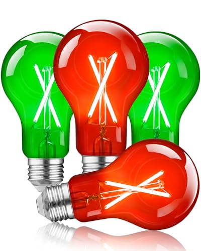 Red and Green Light Bulbs, A19 Dimmable Light Bulb, 60W Equivalent E26 LED Filament Light Bulb, LED Edison Bulb 8W, Green Red Christmas Bulb for Pathway, Porch, Home Lighting, Party Bar Decor, 4 Pack