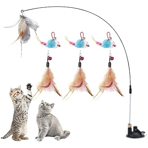 LittleBean Cat Teaser Wand Toys Interactive Feather Toys Set For Indoor Cats With Removable Suction Cup for Self-Play Replacement 3 Feathers 3 Mouse Cat Chaser Wand Toy (cat wand toy set) Cover