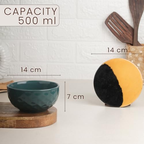 Image of The Earth Store Teal Diamond Ceramic Bowl Serving Set - 3 Bowls (500ml Each) with Wooden Tray, 3 Spoons & 3 Multipurpose Lids /Coaster - for Snacks, Curries, Desserts & Fruits