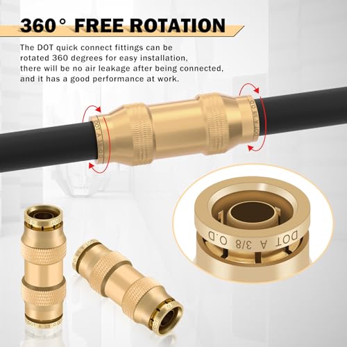 Image of CheeMuii 23 PCS Brass DOT Air Line Fittings Kit 1 /4 3 /8 1 /2 DOT Quick Connect Air Fittings Straight Union Push to Connect Air Hose Fittings for Semi Truck Trailers Air Brake System