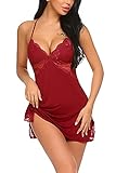 Avidlove Women Lingerie Lace Chemise Sleepwear Babydoll Teddy Lingerie (Dark red, M)