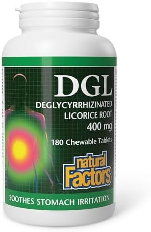 Natural Factors DGL - Deglycyrrhizinated Licorice Root Extract 400mg, 180 Chewable Tablets, Soothes Stomach Irritation, Natural Antacid, Proudly Canadian