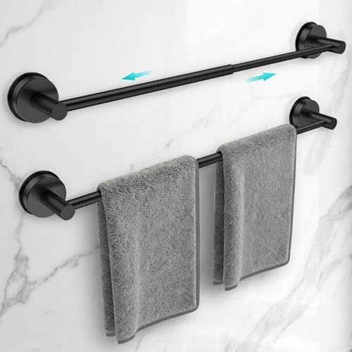 Adjustable Suction Cup Towel Bar for Bathroom Wall,14.6Inch~24 Inch Towel Racks for Bathroom,Stainless Steel Bath Towel Holder for Shower,2 Pack(Matte Black)