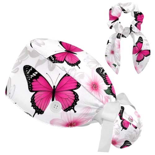 Image of Colored Butterflies Scrub Caps Women, Adjustable Working Cap with Button, Surgical Caps with Bow Hair Scrunchy
