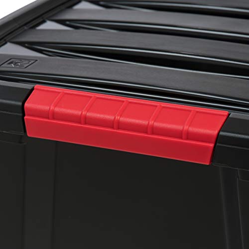 Image of IRIS USA 32 Qt Stackable Plastic Storage Bins with Lids, 6 Pack - BPA-Free, Made in USA - Garage Organizing Solution, Latches, Durable Nestable Containers, Secure Pull Handle - Black