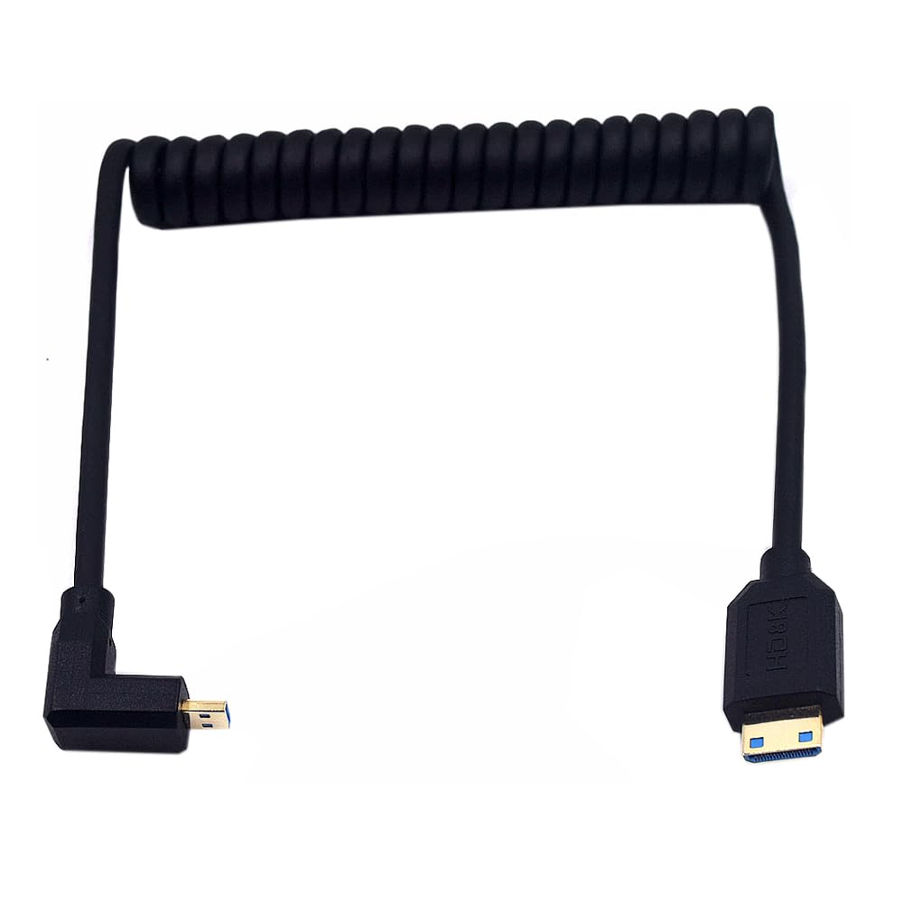 MysRuida 3.9ft UHD Mini HDMI to Micro HDMI 8K Coiled Cable, 90 Degree Down Angle Micro HDMI 2.1 to Straight Mini HDMI 2.1 Adapter Converter Spring Spiral Cable, 3D 48Gbps, Support 8K@60Hz 4K@120Hz
