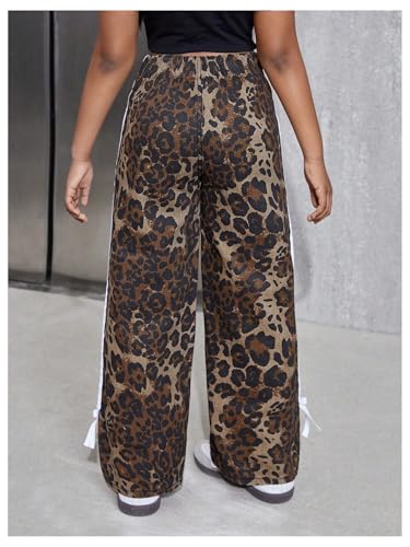 Floerns Girl's Cheetah Print Long Pants Striped Side Bowknot Baggy Wide Leg Trousers4