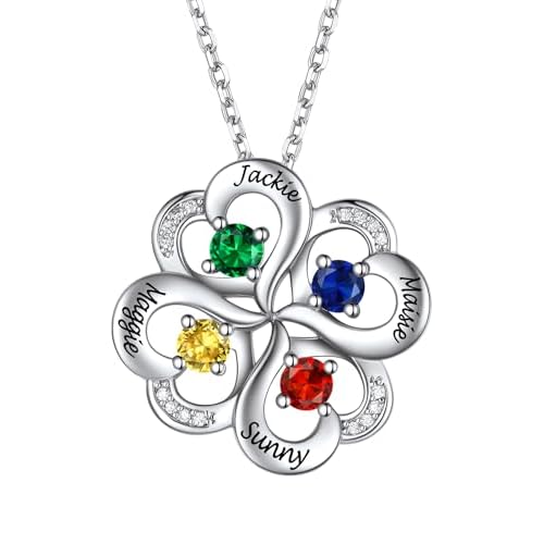 Custom4U Birthstone Name Pendant Necklace for Women, Custom Name Necklace with 1-5 Birthstones CZ, Silver/Gold Plated Personalized Jewelry New Mom Grandma Gifts for Birthday Mother's Day Chr