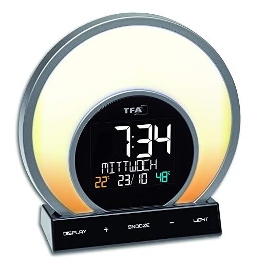 TFA Dostmann digital Wake-up light väckarklocka med färgskiftande stämningsljus SOLUNA, temperatur, luftfuktighet, 60.2026.01, svart med laddningsfunktion