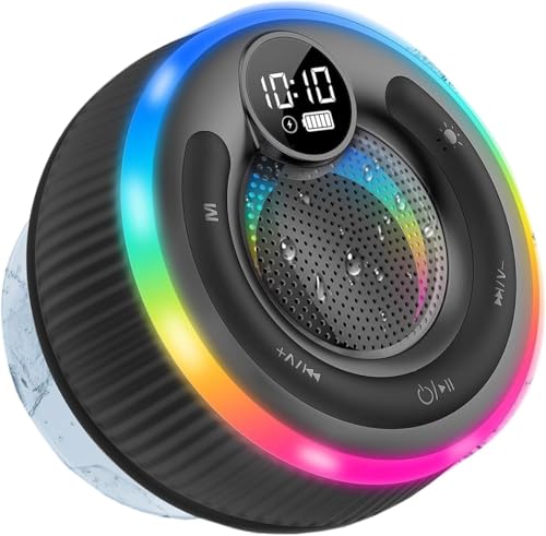 AOSRAU Bluetooth Shower Speaker 2025 Portable Bluetooth Speaker 5.3 with Time Display IPX7 Waterproof with Suction Cup RGB Lights Stereo Bass Wireless for Bathroom/Party/Travel/Outdoor Black