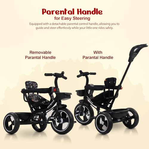 Image of Baybee 2 in 1 Baby Tricycle for Kids | Smart Balance Baby Trikes with Parental Handle, Cushion Seat, Safety Guardrail & Dual Storage | Kids Cycle for 2-5 Years Boy Girl (Tovino Black)