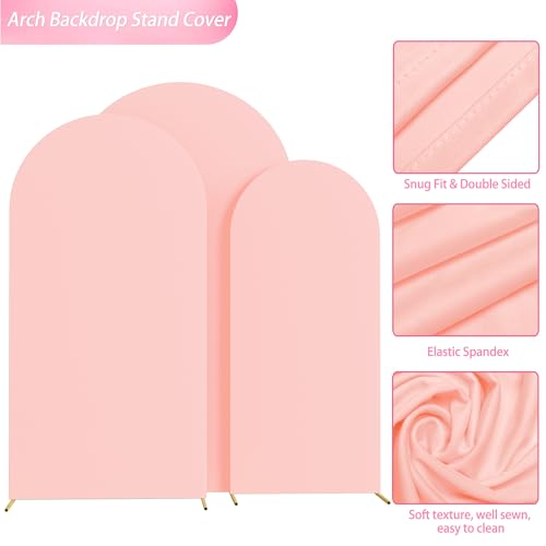 Image of Wokceer Wedding Arch Backdrop Cover 7.2FT, 6.6FT, 6FT Set of 3 Spandex Fitted Blushing Pink Arch Covers for Round Top Chiara Arch Backdrop Stands Cover for Birthday Party Ceremony Decor