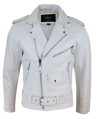 TruClothing Blouson pour Homme en Cuir véritable Style Biker Grease Fermeture Zip Diagonale Look Brando Classique - Blanc XL