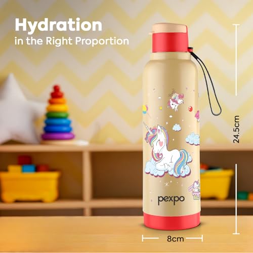 Image of Go24 pexpo Sonnet 900 PU Insulated Stainless Steel Water Bottle for Kids - 680ml | Flip-Top Cap | Leakproof & BPA Free| Carry Strap | for School, Sports, Travel, Picnic, Outdoor - Red Unicorn Print
