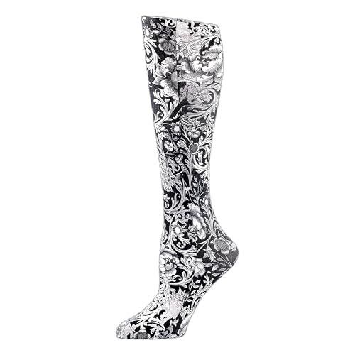 Image of Celeste Stein Moderate Compression Knee High Stockings Wide Calf - Black and White Vines and Roses