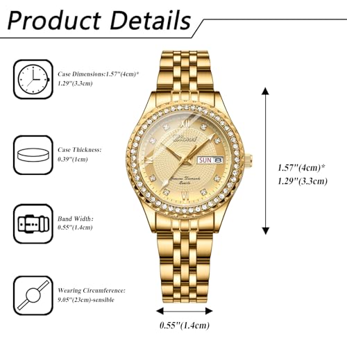 Image of JewelryWe Couple Gold Quartz Watch: Business Analog Full Diamond Day Date 3ATM Waterproof Luminous Hands Stainless Steel Removable Strap Casual Wrist Watch for Father's Day