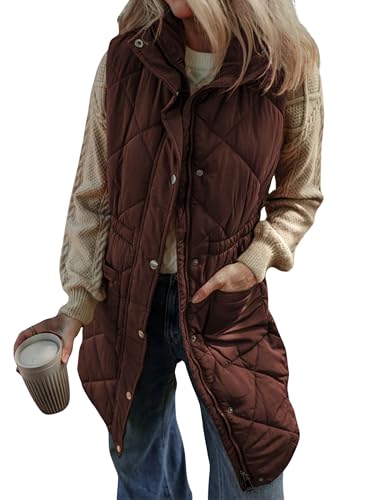 Athlisan Womens Long Puffer Vest Sleeveless Zip Up Stand Collar Padded Gilet Coat with Pockets(Brown-S)