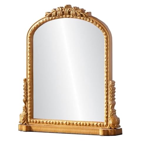 HuiDao Vintage Desk Makeup Mirror, Vanity Mirror with Stand Antique Decorative, Wood Retro Desktop Dressing Mirror, Table Top Mirror for Countertop, Bedroom,Bathroom, Living Room, Gold Cover